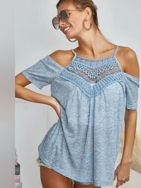 #131 NWT BiBi Women's Cold Shoulder BLUE Lace Tank Top